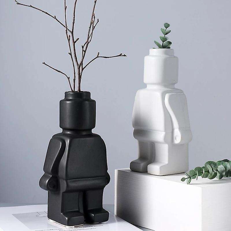 Robot Sculpt Figurines Vase Artificial Flower Vase Ceramic -black
