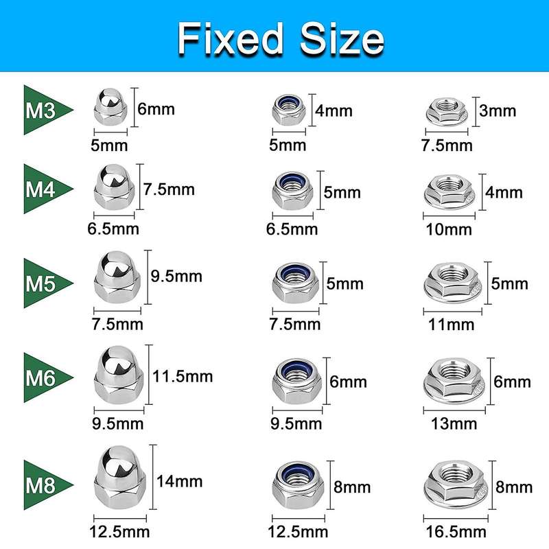 385pcs M3 M4 M5 M6 M8 Stainless Steel Nylon Locknut Metric Assorted