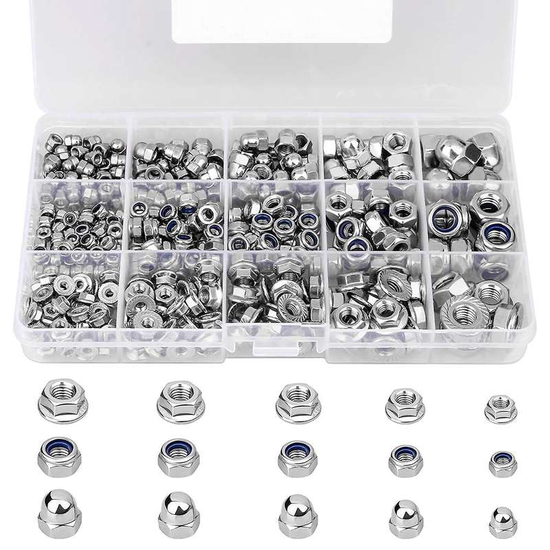 385pcs M3 M4 M5 M6 M8 Stainless Steel Nylon Locknut Metric Assorted