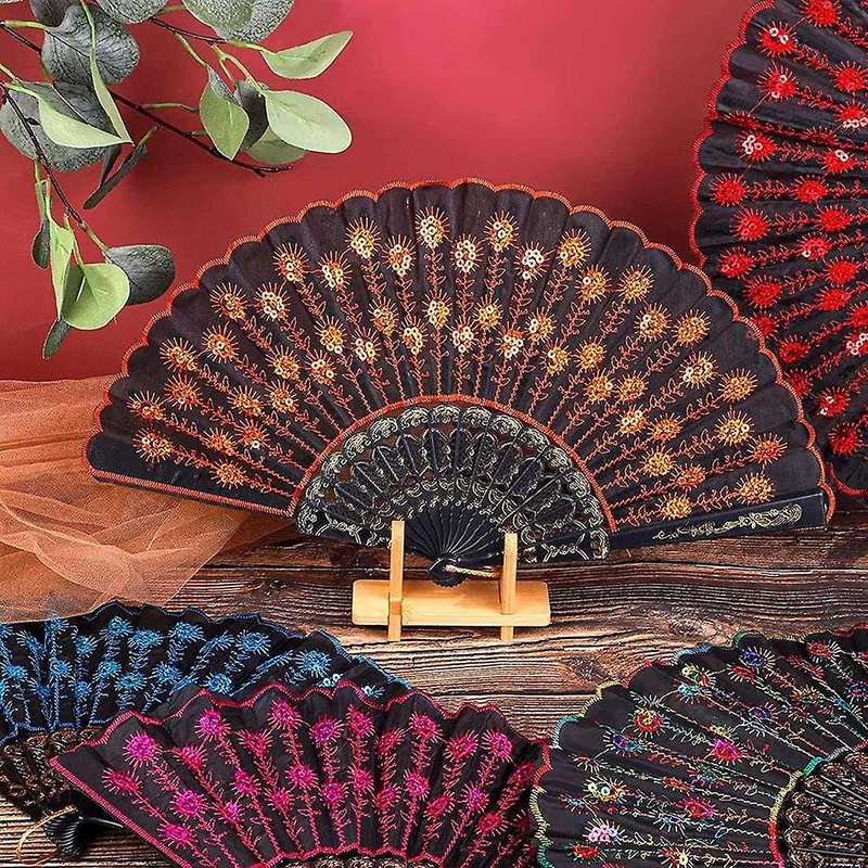 Sequin Fabric Folding Fans Peacock Hand Fans Flower Lace Fans