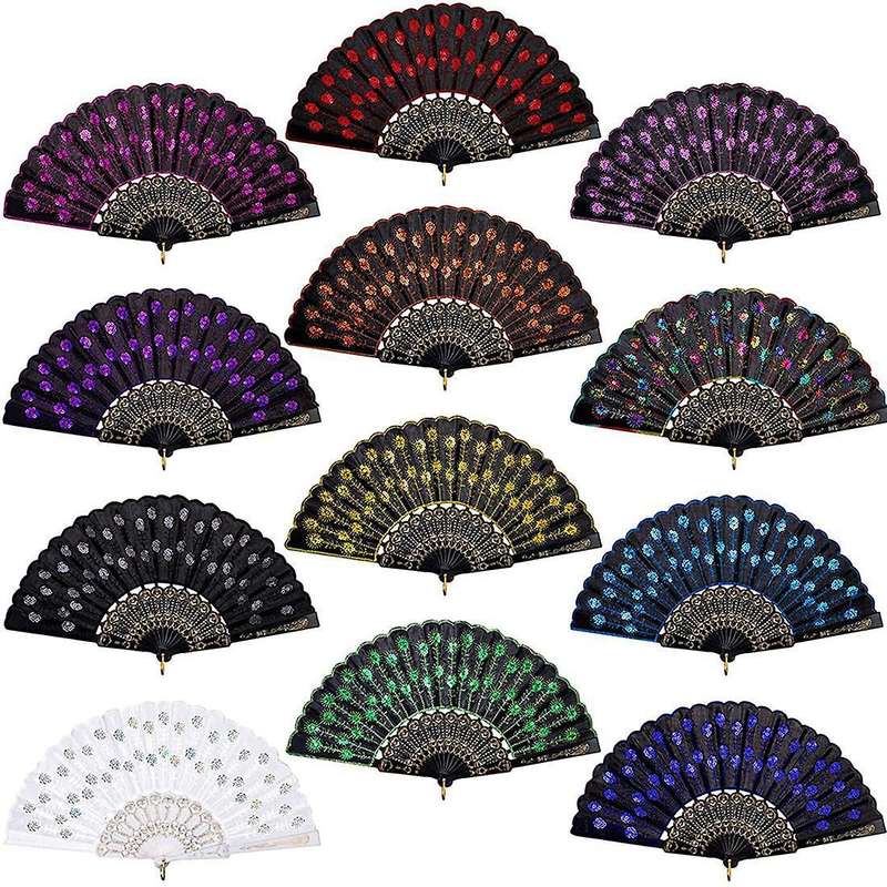 Sequin Fabric Folding Fans Peacock Hand Fans Flower Lace Fans