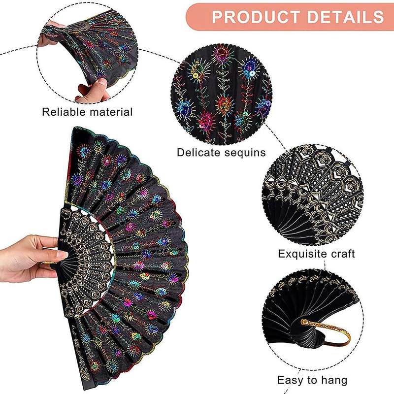 Sequin Fabric Folding Fans Peacock Hand Fans Flower Lace Fans