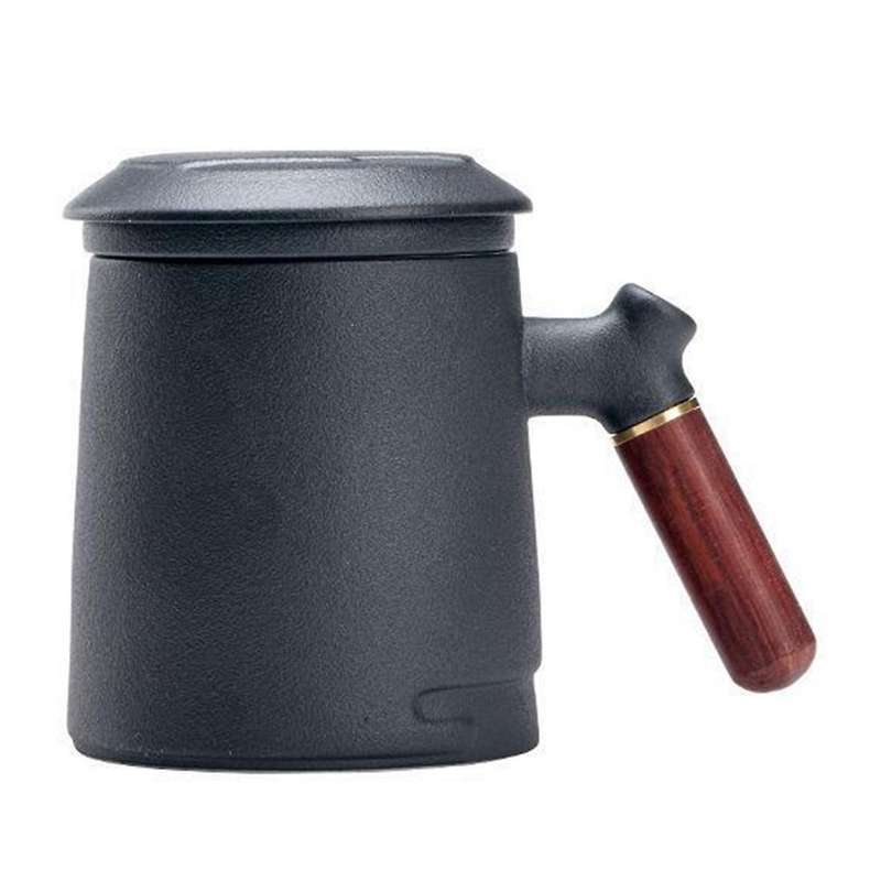 Handmade Ceramic One-piece Filter Tea Cup with Lid Black