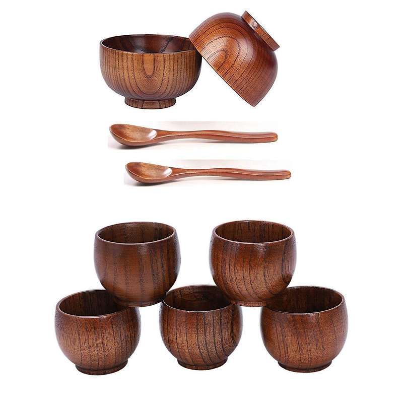 4 Pieces Wooden Handmade Bowl and Spoon Kitchen Tableware