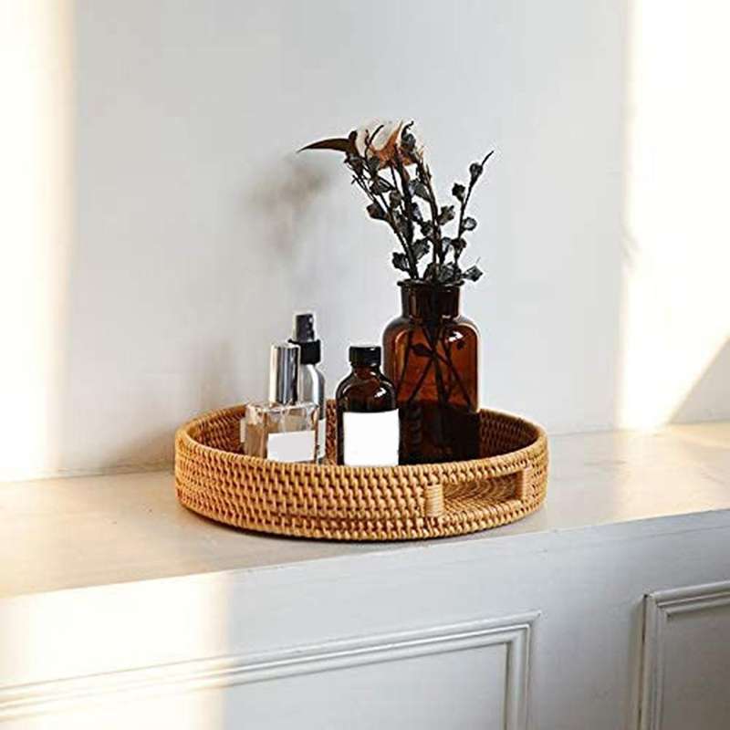 Round Rattan Serving Tray Decorative for Coffee Table Natural(large)