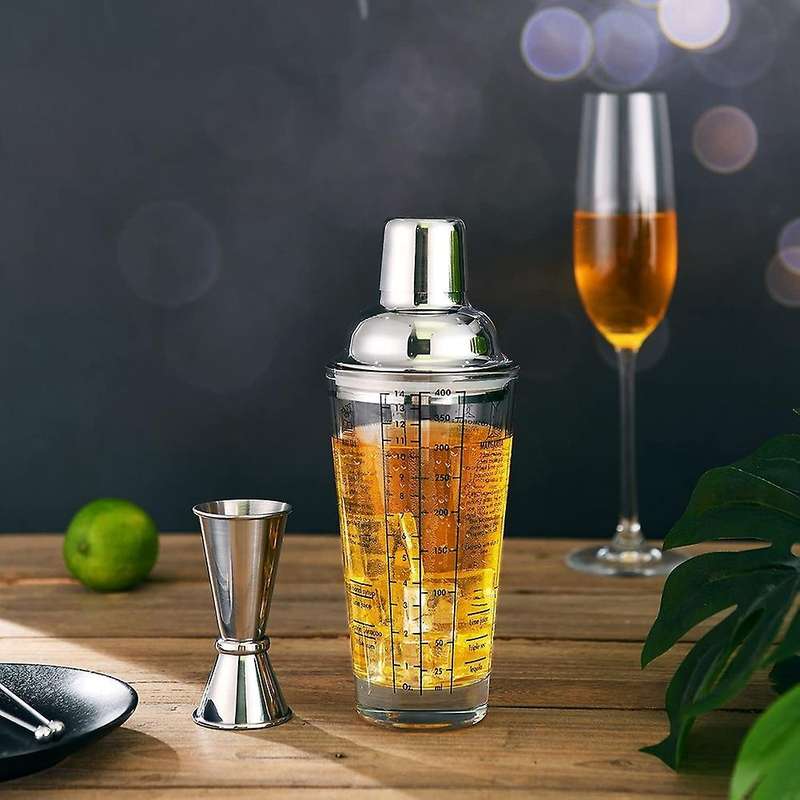 Glass Cocktail Shaker Printed with Recipes,14oz Martini Shaker Kit