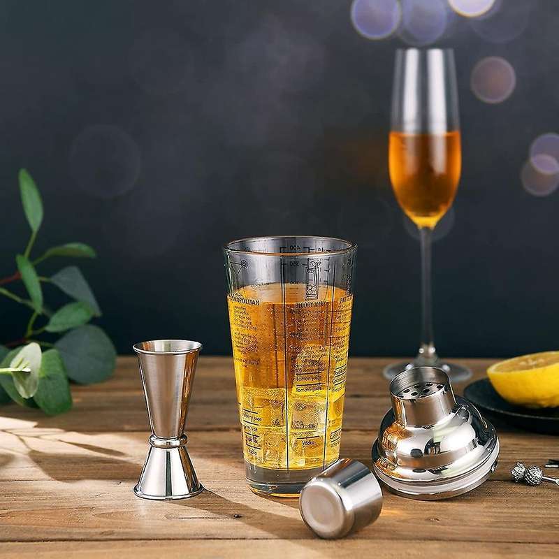 Glass Cocktail Shaker Printed with Recipes,14oz Martini Shaker Kit