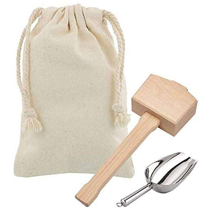 Ice Mallet and Ice Bag - Wood Hammer and Cotton Linen Bag for Ice