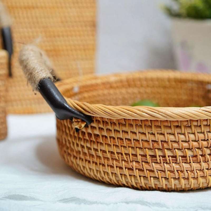 Rattan Round Basket Tray with Handle,for Breakfast Drink Snack Tea B