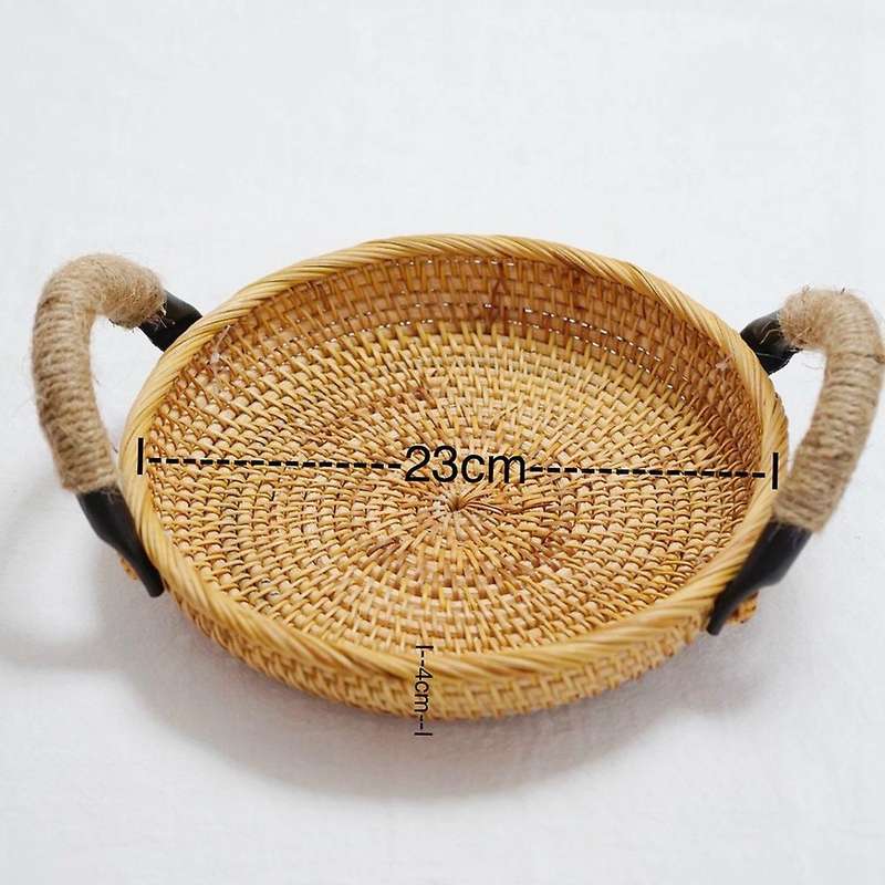 Rattan Round Basket Tray with Handle,for Breakfast Drink Snack Tea B