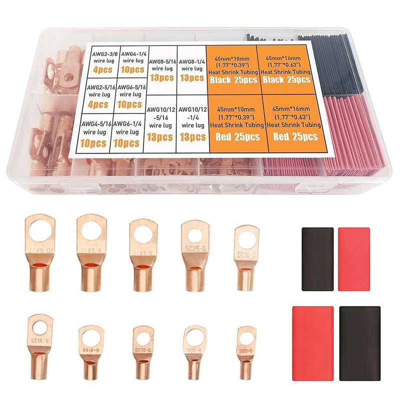 200pcs Copper Wire Terminal Connectors Awg 2 4 6 8 10 12 Ring Lug Kit