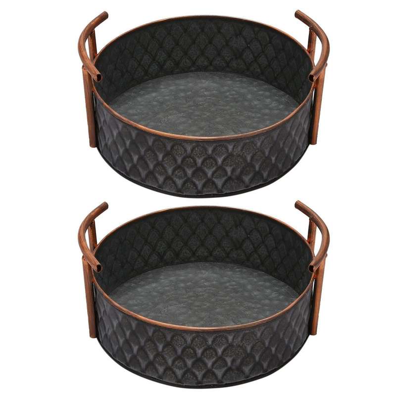 2x European Handcrafted Round Antique Decorative Trays with Handles