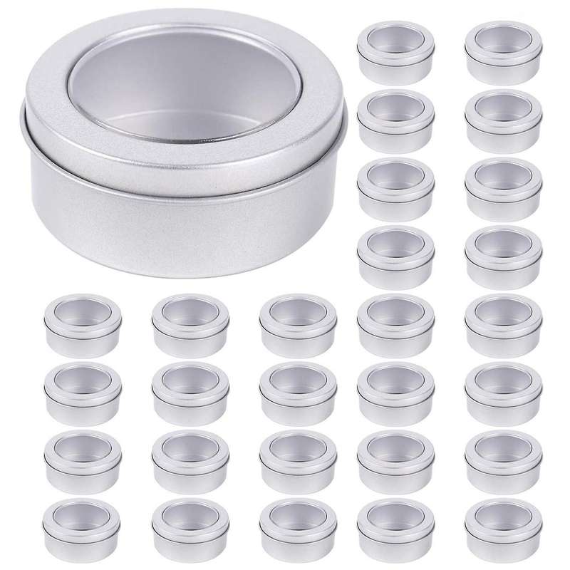 30 Pack 2 Ounce Metal Tin Cans - Round Empty Containers with Clear