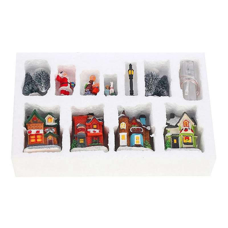 10pcs Santa Claus Snow House Tiny Scene Sets Led Light Up Xmas Tree