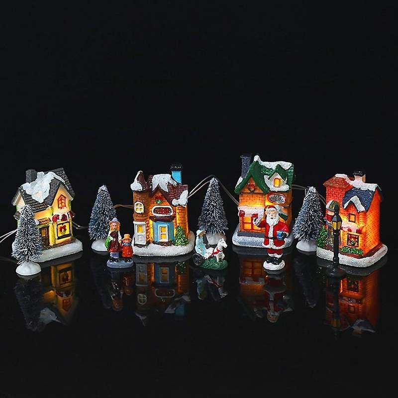 10pcs Santa Claus Snow House Tiny Scene Sets Led Light Up Xmas Tree