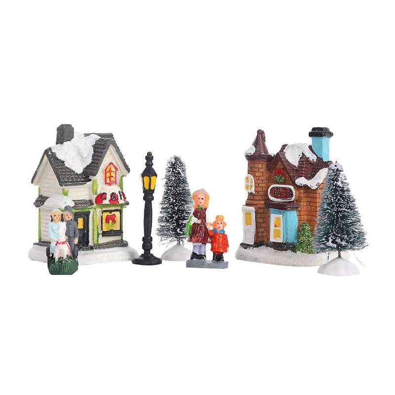 10pcs Santa Claus Snow House Tiny Scene Sets Led Light Up Xmas Tree