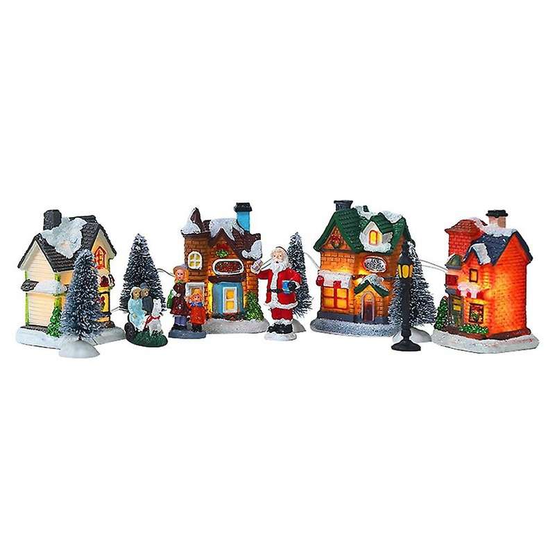 10pcs Santa Claus Snow House Tiny Scene Sets Led Light Up Xmas Tree