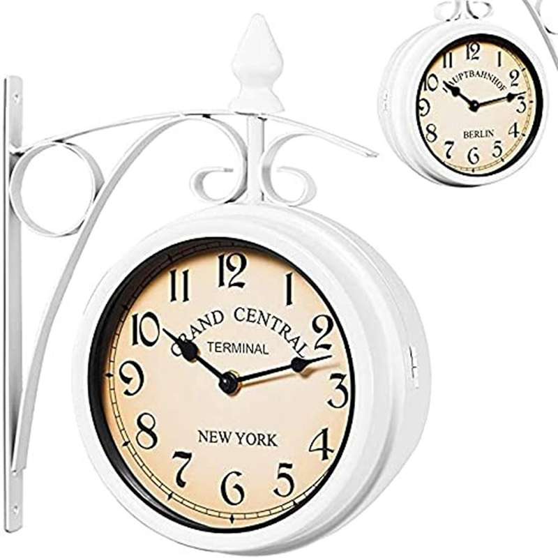 Iron Round Wall Hanging Double Sided Retro Station Clock Home Decor