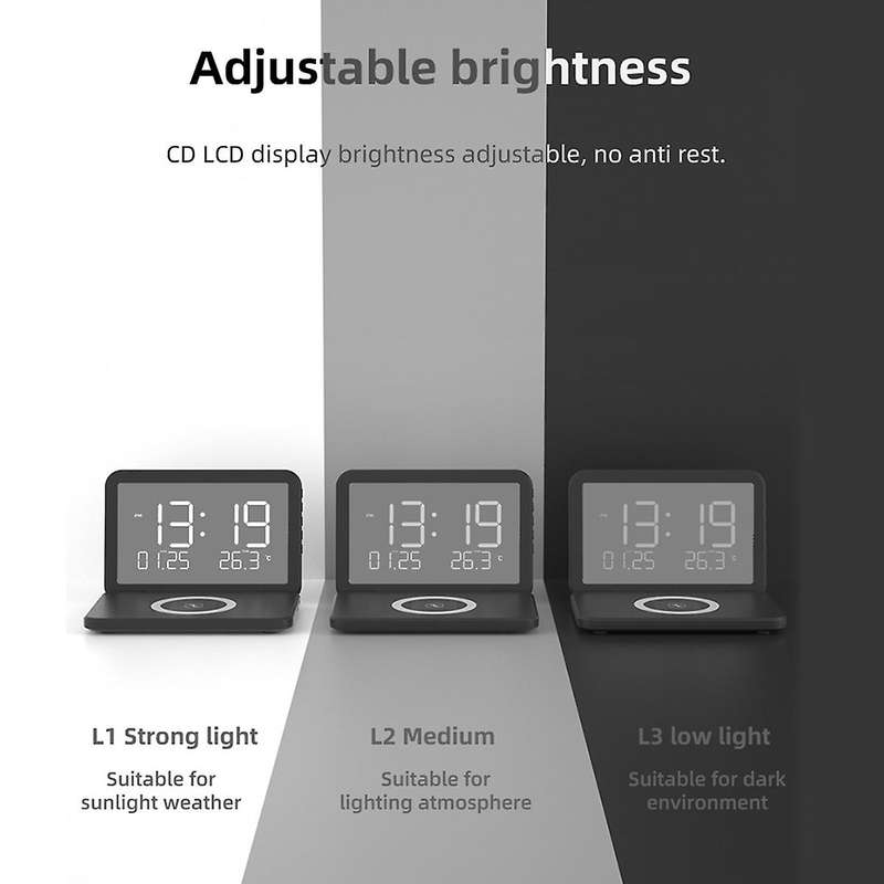 Led Alarm Clock with Mirror Phone Holder Wireless Charging Stand B