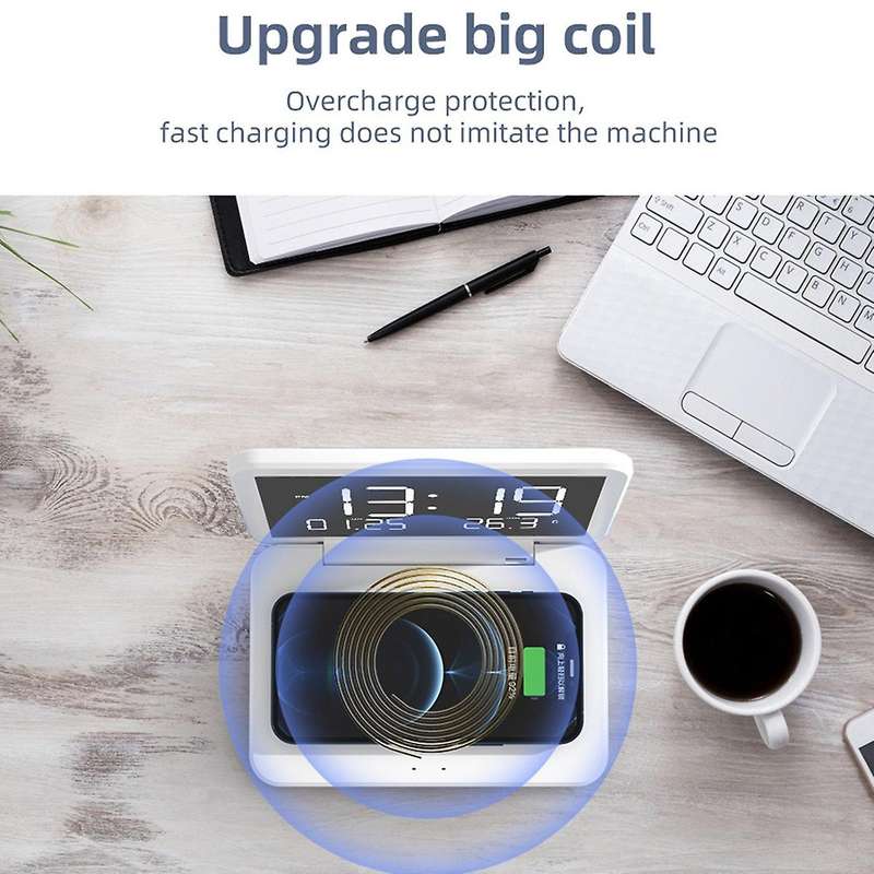 Led Alarm Clock with Mirror Phone Holder Wireless Charging Stand B
