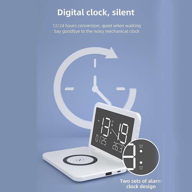 Led Alarm Clock with Mirror Phone Holder Wireless Charging Stand B