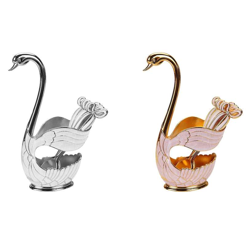 Dinnerware Set,zinc Alloy Swan Holder Cutlery Set + 6x Spoons,gold