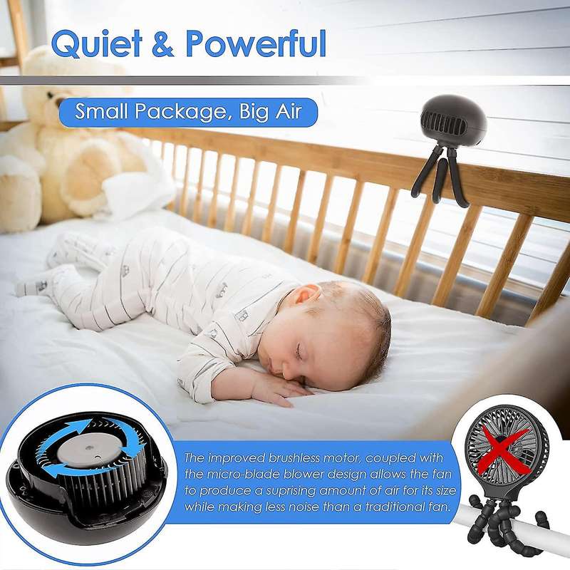 Baby Stroller Fan, Fan with 3 Breeze Settings for Baby Car Seat Black