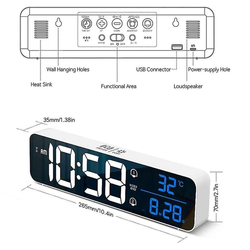 Mirror Led Digital Alarm Clock, Usb Charging Port for Bedroom (black)