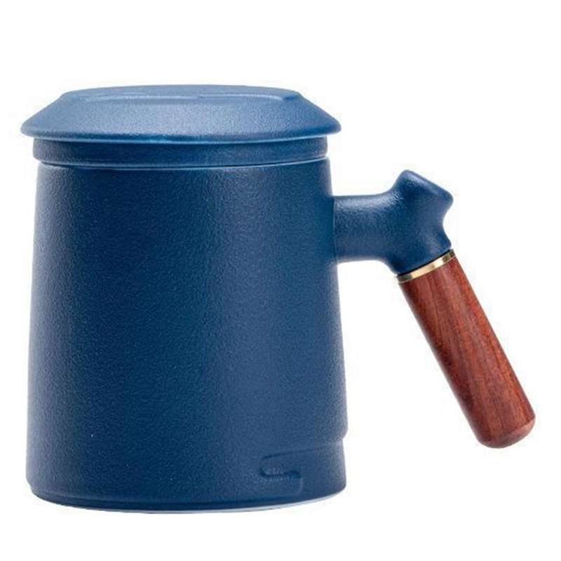 Handmade Ceramic One-piece Filter Tea Cup with Lid Dark Blue
