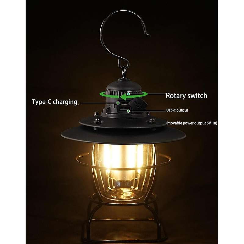 Portable Retro Camping Lantern Rechargeable Hanging Tent Light,red