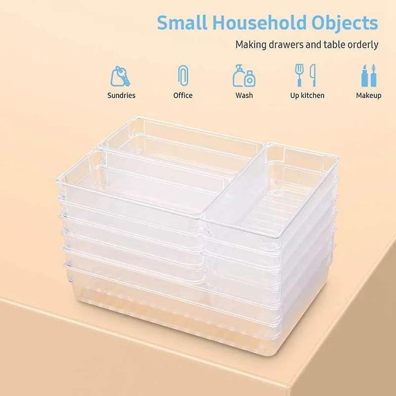 Desk Drawer Organizer Trays with 3-size Clear Plastic Storage Boxes