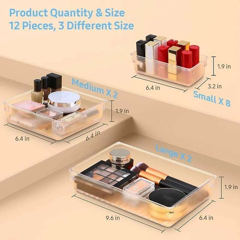 Desk Drawer Organizer Trays with 3-size Clear Plastic Storage Boxes