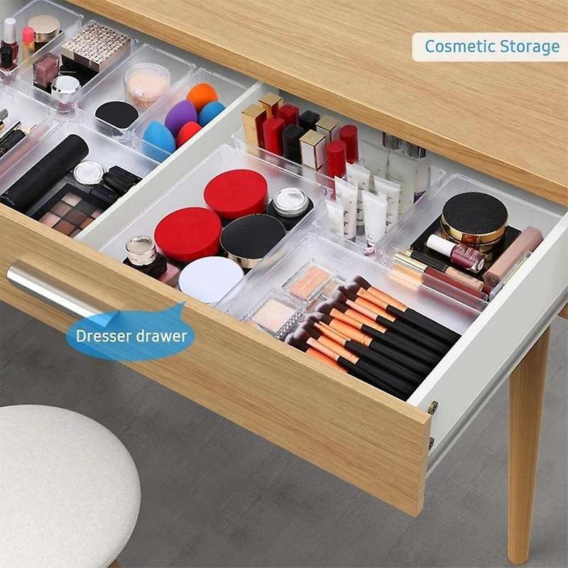 Desk Drawer Organizer Trays with 3-size Clear Plastic Storage Boxes