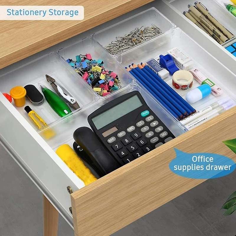 Desk Drawer Organizer Trays with 3-size Clear Plastic Storage Boxes