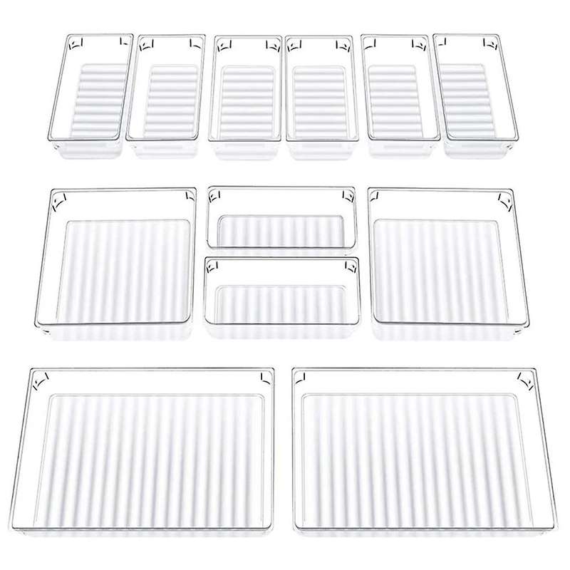 Desk Drawer Organizer Trays with 3-size Clear Plastic Storage Boxes