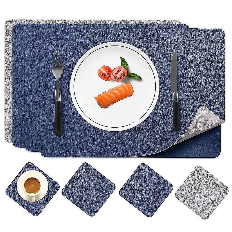 Placemats Leather and Coasters, Double-sided Pu Mats (blue/grey)