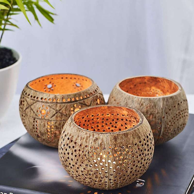 Coconut Shell Wood Candle Holders (set Of 3) with Coconut Scented