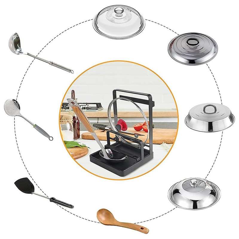 Pot Lid Holder Multipurpose Lid and Spoon Rest Pad Tray Black