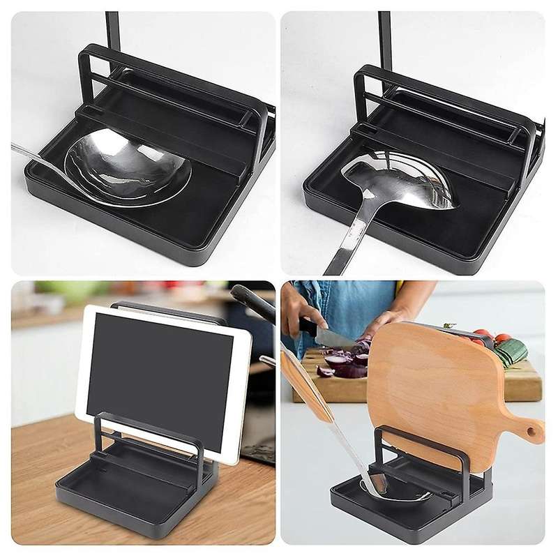 Pot Lid Holder Multipurpose Lid and Spoon Rest Pad Tray Black