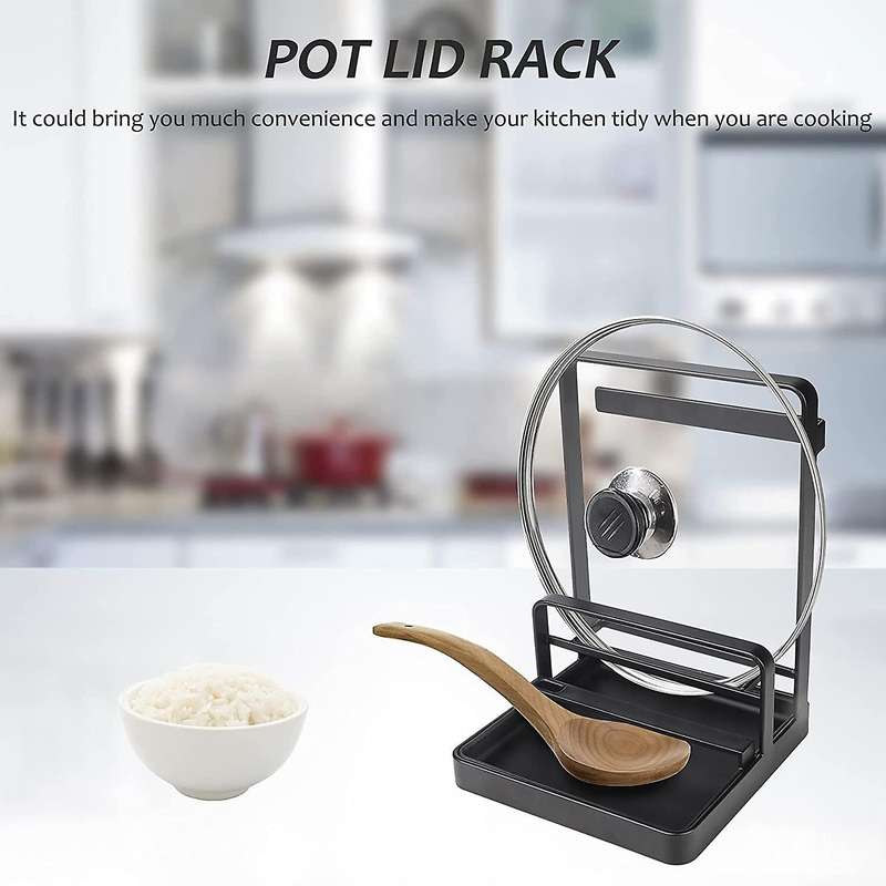 Pot Lid Holder Multipurpose Lid and Spoon Rest Pad Tray Black