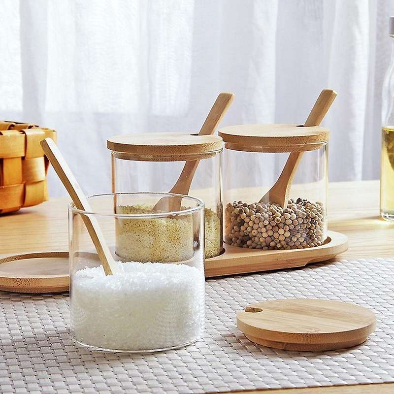 3 Pcs Seasoning Bottle Glass Sugar Salt Storage Jar with Wooden Spoon