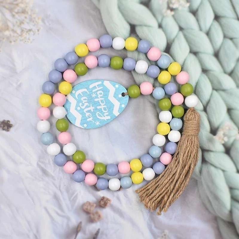 5pcs Spring Wooden Beads Garland with Tassels Easter Egg Tag