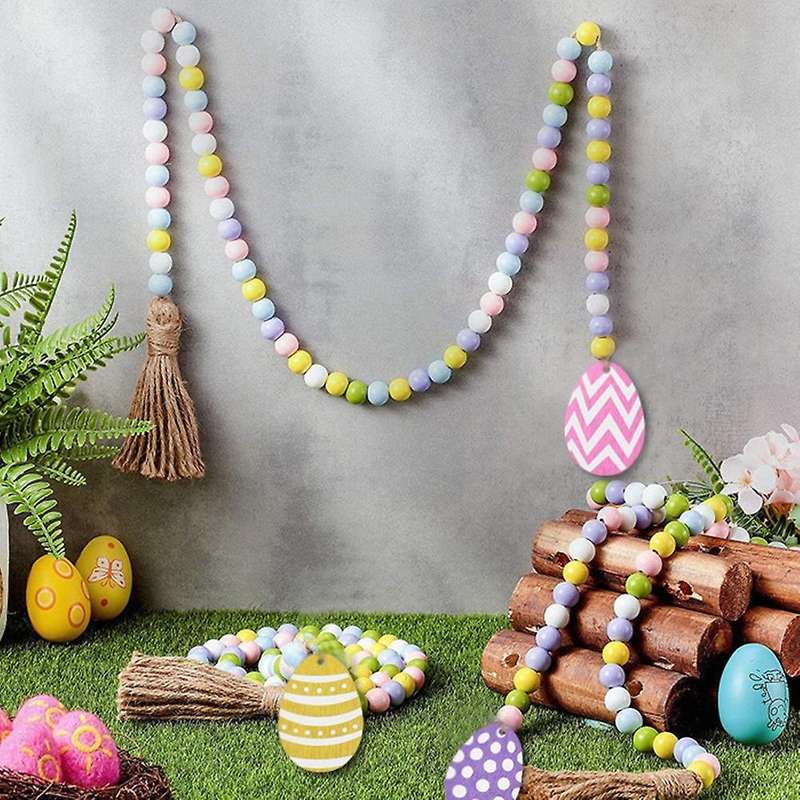 5pcs Spring Wooden Beads Garland with Tassels Easter Egg Tag