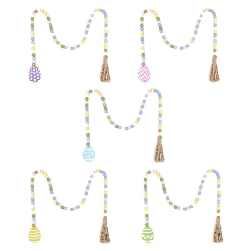 5pcs Spring Wooden Beads Garland with Tassels Easter Egg Tag