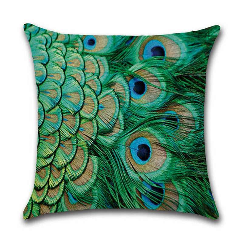 6pcs Peacock Feather Pattern Pillowcase Linen Pillow Cover Home Decor