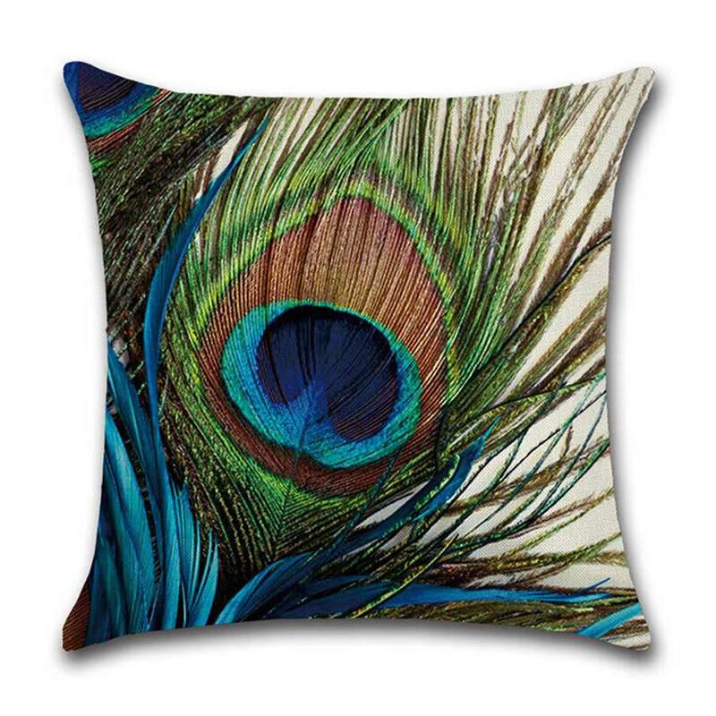 6pcs Peacock Feather Pattern Pillowcase Linen Pillow Cover Home Decor