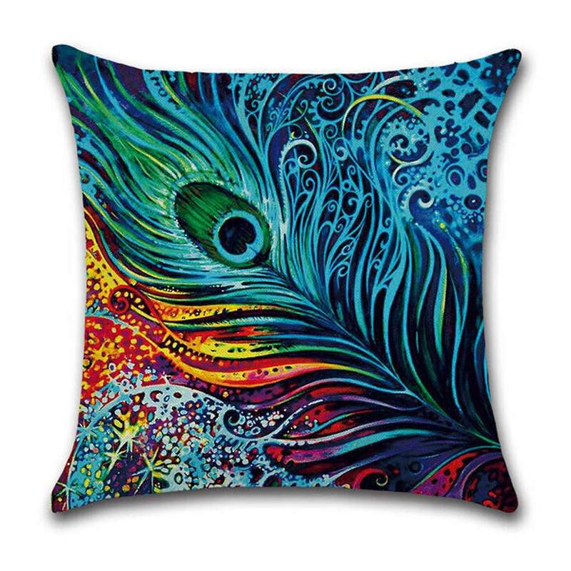6pcs Peacock Feather Pattern Pillowcase Linen Pillow Cover Home Decor