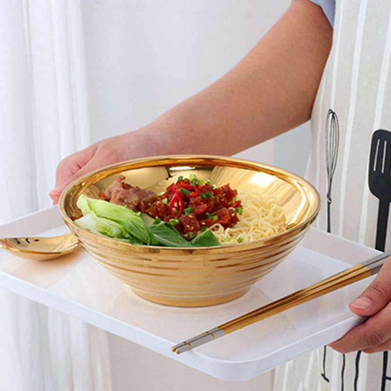 2x Round Noodle Food Bowl Anti-scalding Stainless Steel Bowl Gold