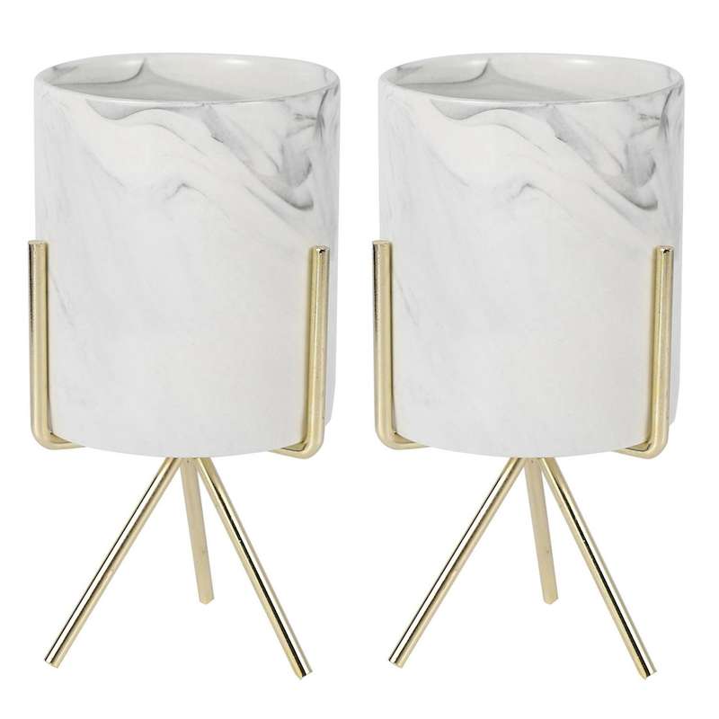 2x Marble Vase Wrought Iron Flower Pot Gold + White Ceramic L