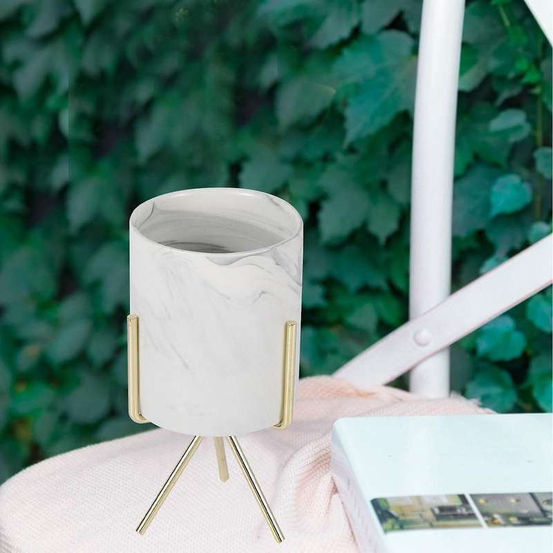 2x Marble Vase Wrought Iron Flower Pot Gold + White Ceramic L